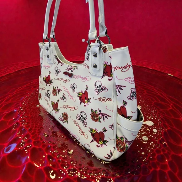 NEW Ed Hardy White Women's Bag With Skull,Rose & Heart Tattoo Designs Y2K NWT - Picture 2 of 6